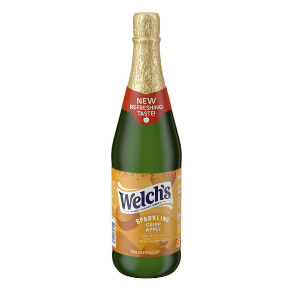 Welch's Non-Alcoholic Sparkling Crisp Apple Juice Cocktail bottle with gold foil neck and cap on a white background.