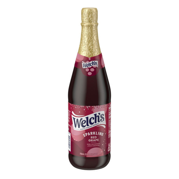 aWelch's Sparkling Non-Alcoholic Red Grape Juice Cocktail 750 mL bottle with red grape sparkling juice, gold foil top, and burgundy label on a white background.