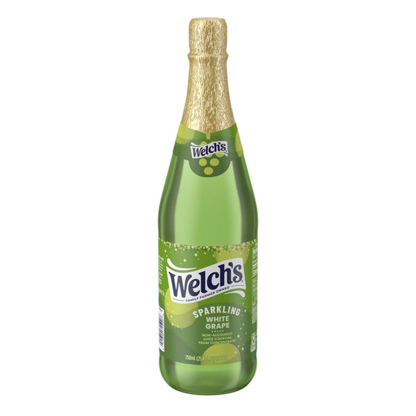 Welch's Sparkling White Grape Juice Cocktail bottle with a gold foil top on a white background, non-alcoholic sparkling white grape juice beverage.