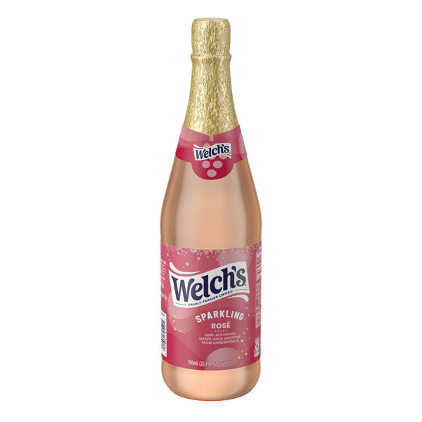 Welch's Sparkling Rosé Non-Alcoholic Beverage bottle with gold foil top and pink label on a white background.