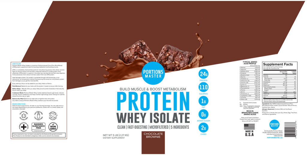 Portions Master Non-GMO Cross-Flow Microfiltration Whey Protein Isolate, Sweetened with Stevia | Chocolate Brownie