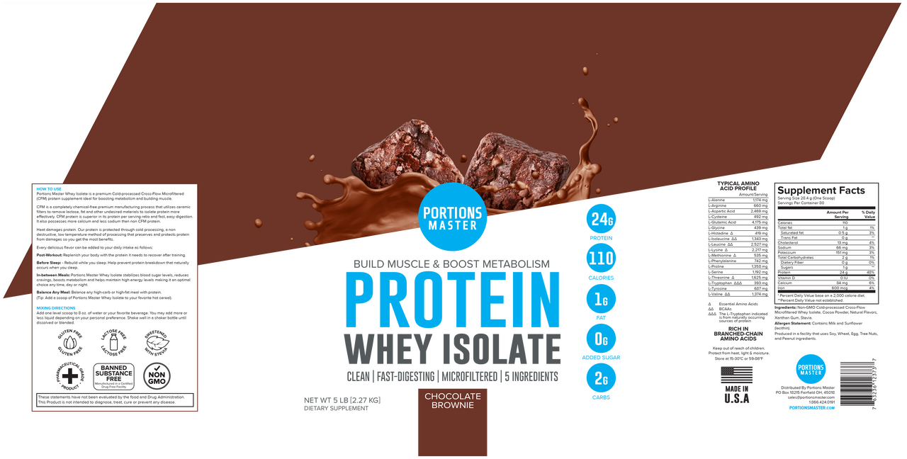 Portions Master Non-GMO Cross-Flow Microfiltration Whey Protein Isolate, Sweetened with Stevia | Chocolate Brownie