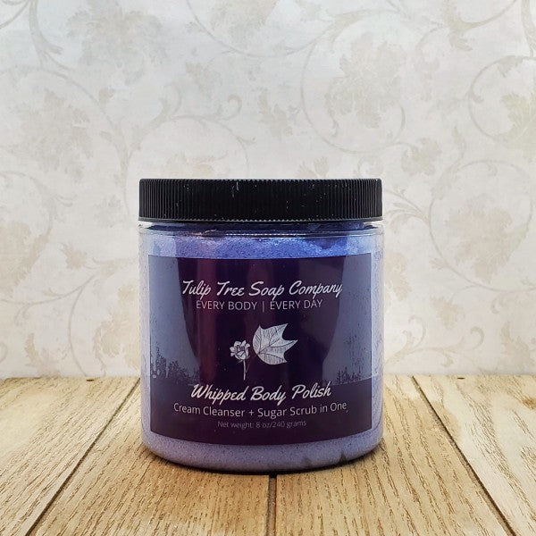 Jar of Tulip Tree Soap Company Whipped Body Polish on a wooden surface with a light background. Gentle, sulfate-free cleansers to feel clean and refreshed!
Sunflower oil to hydrate your skin without feeling greasy!
Cane sugar to gently slough away old skin and create a gorgeous glow!