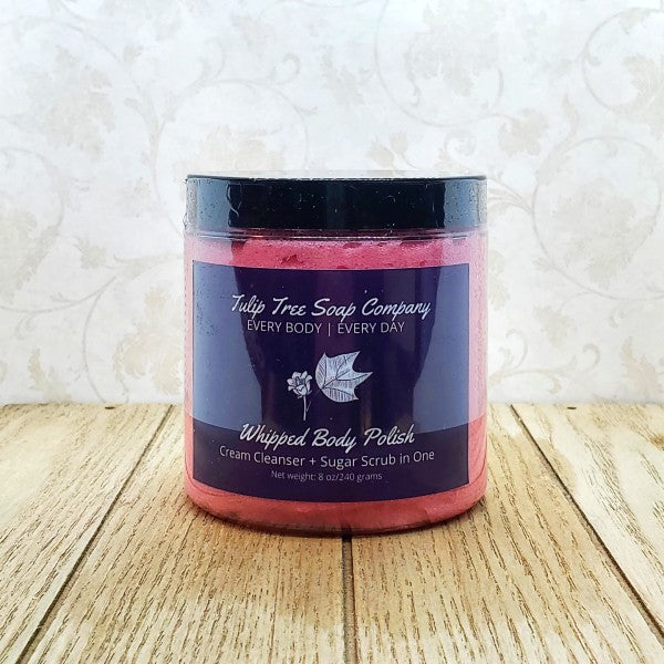 Jar of Tulip Tree Soap Company whipped body polish on a wooden surface with a white textured background. Gentle, sulfate-free cleansers to feel clean and refreshed!
Sunflower oil to hydrate your skin without feeling greasy!
Cane sugar to gently slough away old skin and create a gorgeous glow!