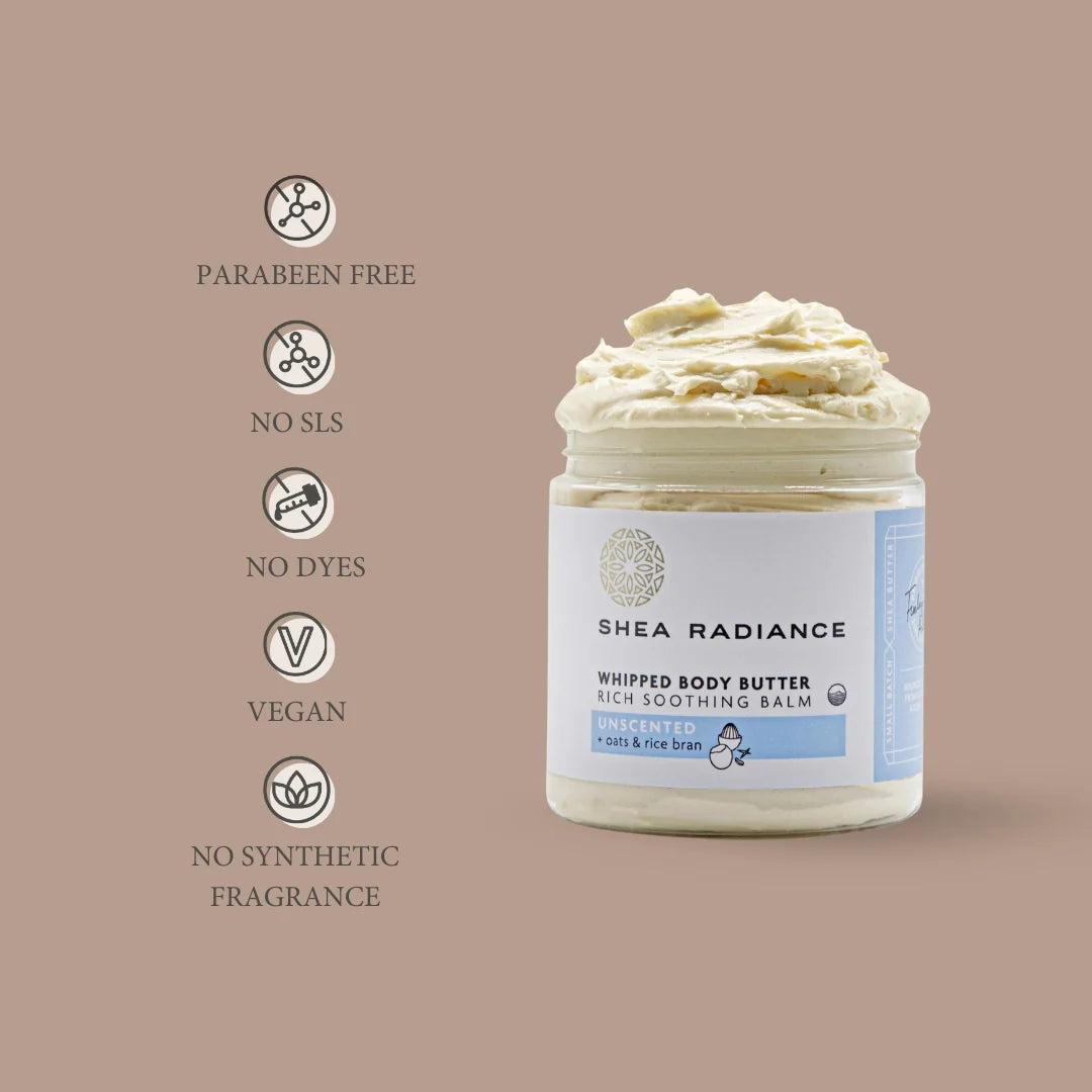 Shea Radiance unscented whipped shea body butter with colloidal oatmeal for dry sensitive skin, vegan, paraben free, SLS free, dye free and fragrance free.