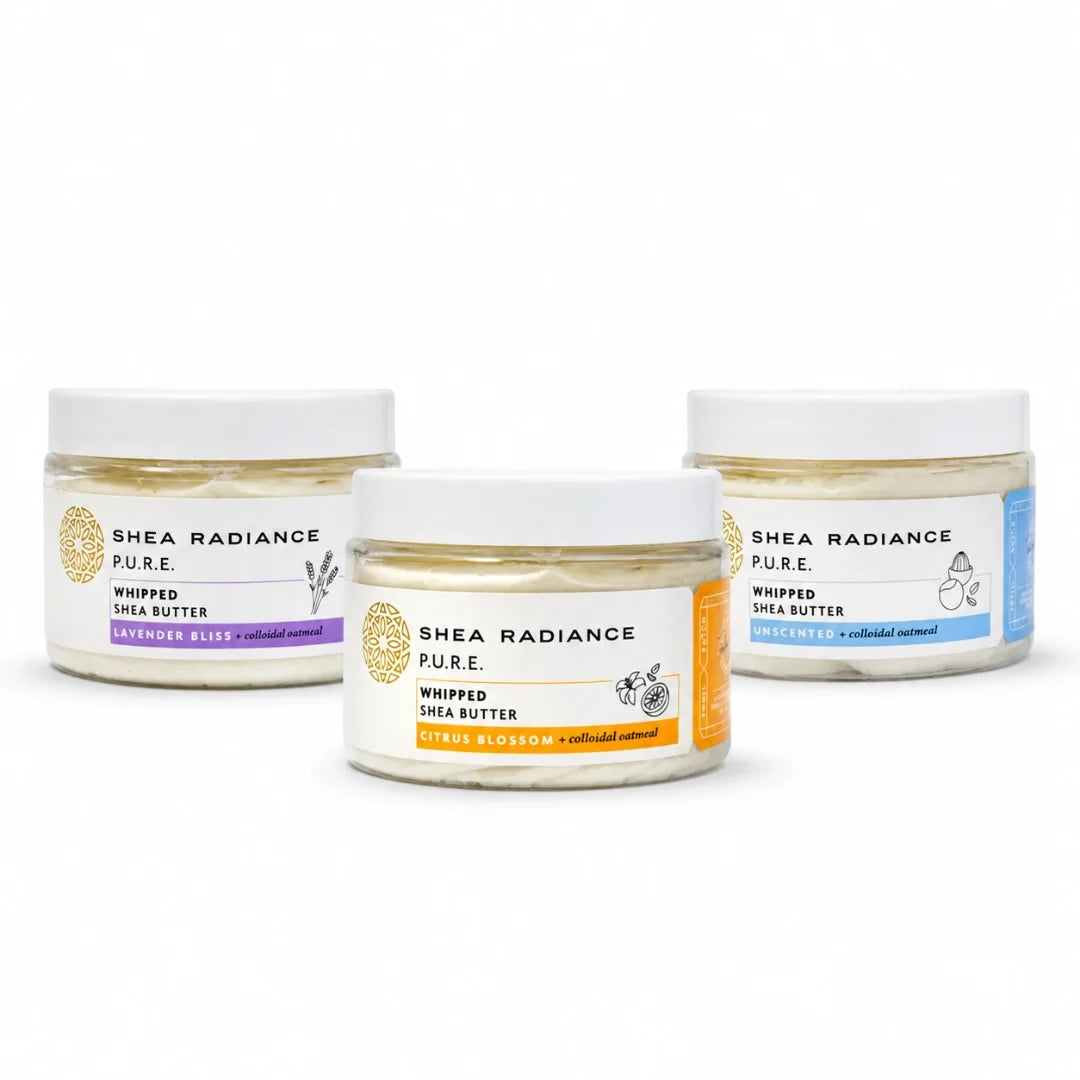 Shea Radiance P.U.R.E. Whipped Shea Body Butter with colloidal oatmeal in Unscented, Lavender Bliss and Citrus Blossom for dry sensitive skin