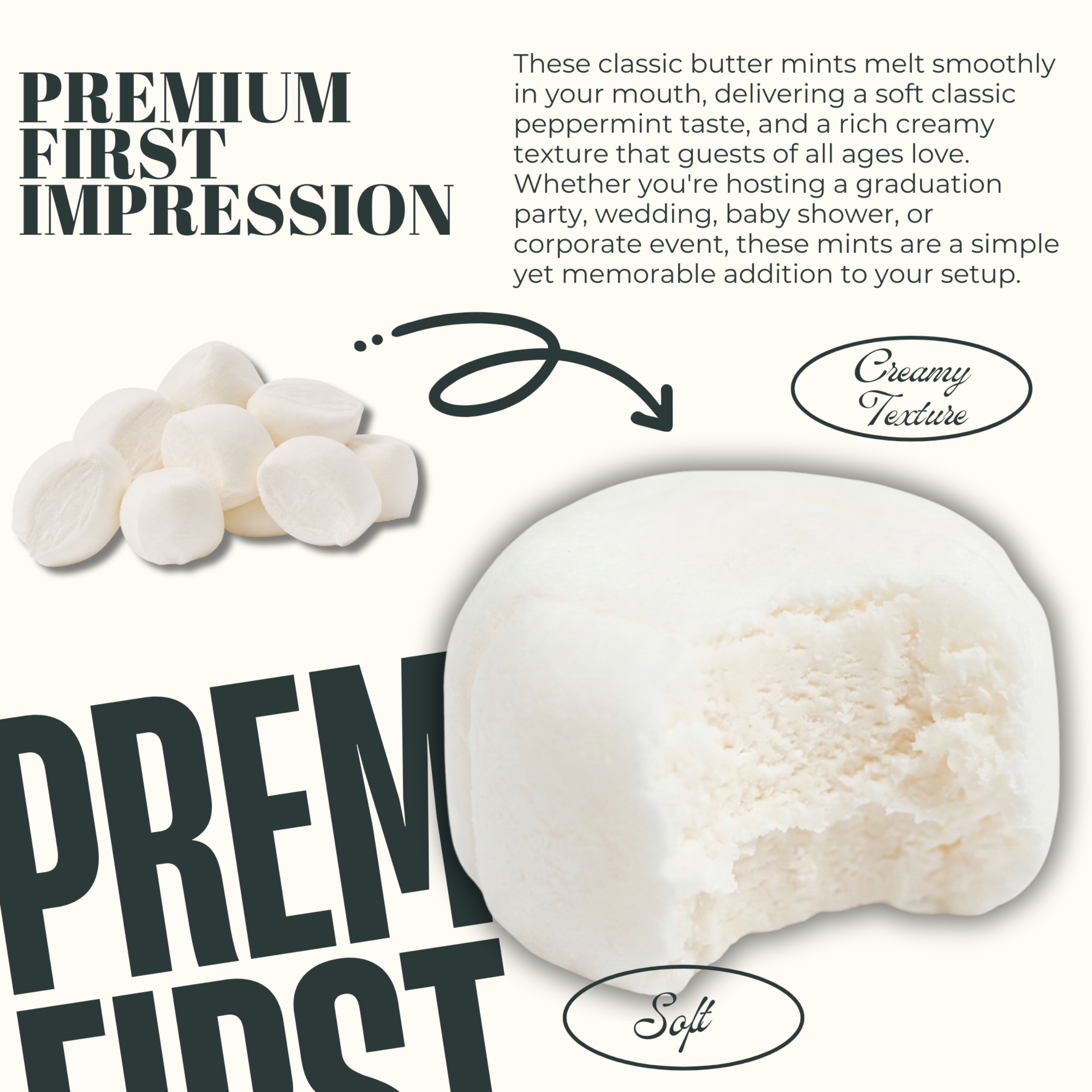 Premium first impression graphic showcasing individually wrapped white butter mints with a close-up of their soft, creamy texture and smooth peppermint candy interior, ideal for weddings, graduations, baby showers, corporate events, candy buffets, and elegant party favors.