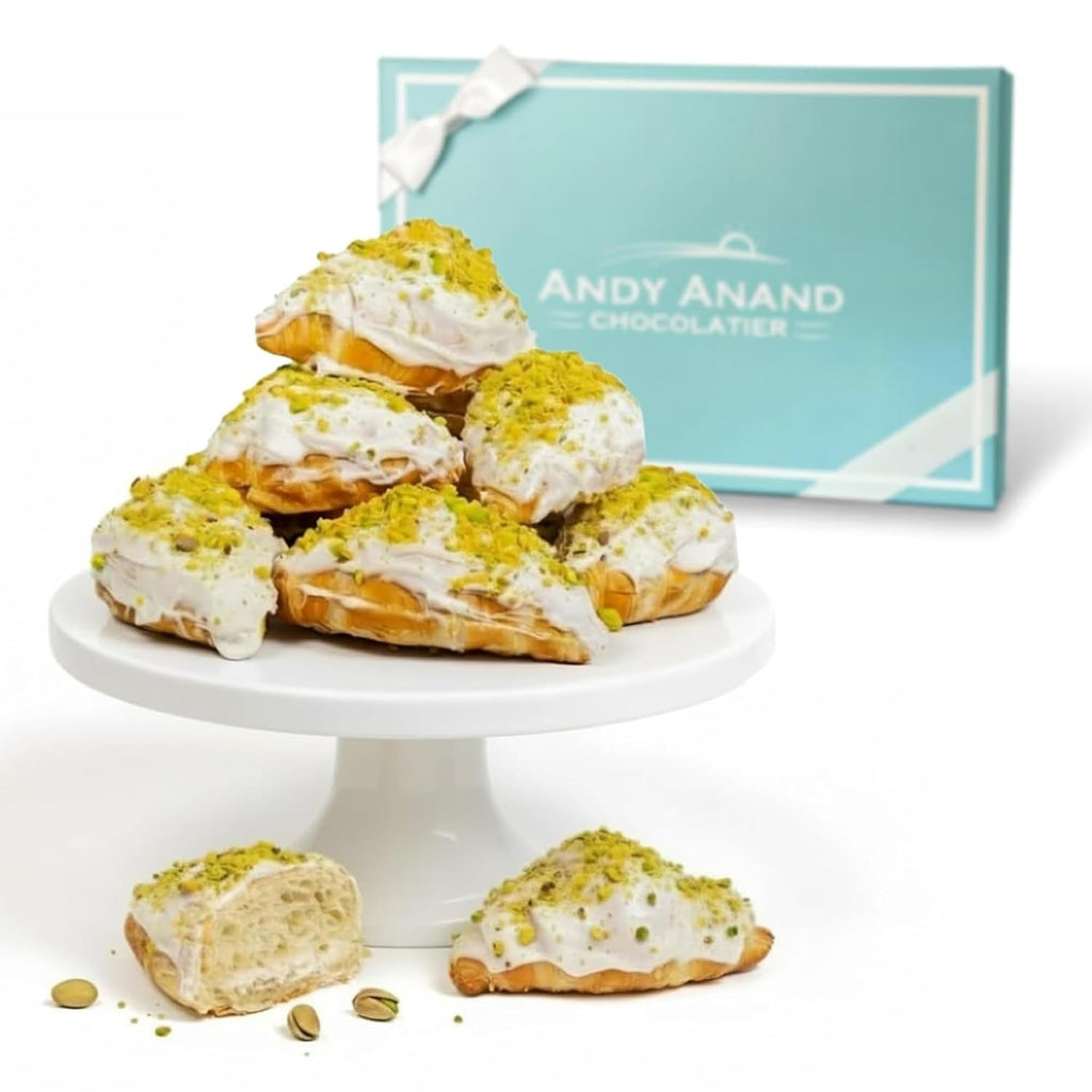 Andy Anand White Chocolate Pistachios Croissants, 10 Pcs - 2 lbs. Handcrafted Treats with Rich Chocolate Filling Inside and Crunchy Pistachios Topping