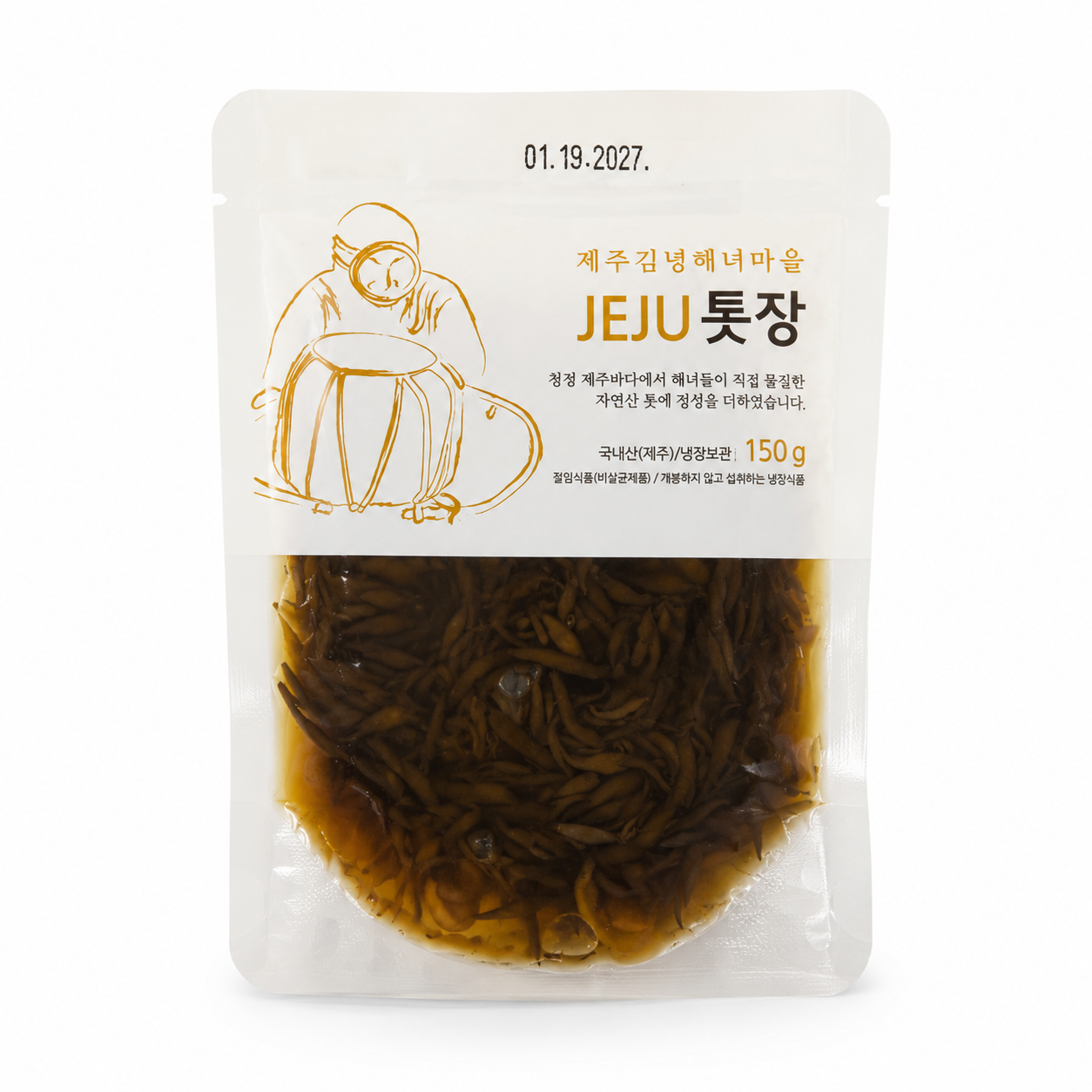 Wild Jeju Tot (Seaweed) marinated in soy sauce from Jeju Island, Korean seasoned seaweed side dish (Totjang) in 150g vacuum-sealed package with wild seaweed harvested from pristine coastal waters.