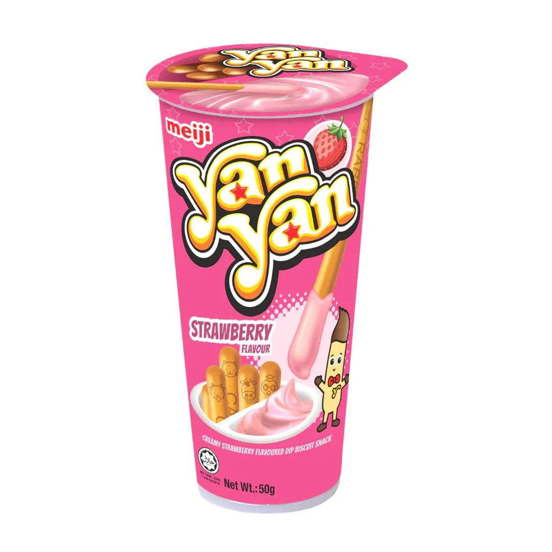 Pink Yan Yan strawberry-flavored snack cup with Meiji branding on a white background