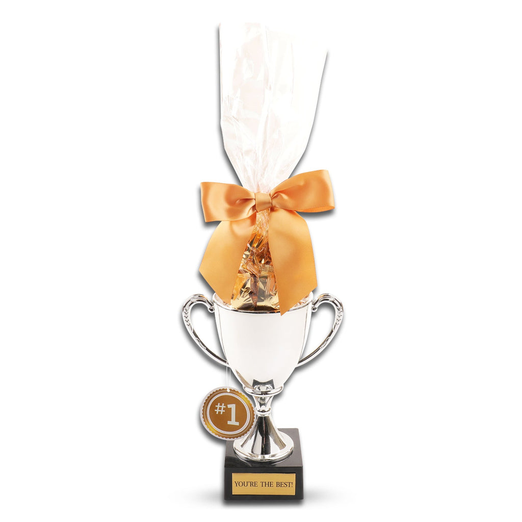 Silver trophy gift basket with gold ribbon, #1 award medal, and gourmet gift presentation on white background. You're # 1 Gift Trophy Candy Basket filled with Foil Wrapped Butterscotch Hard Candies 6oz