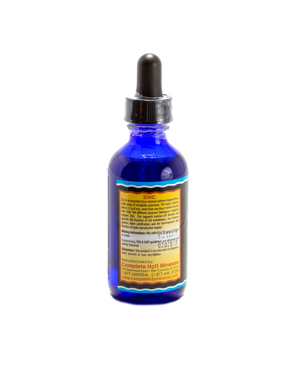 Blue glass dropper bottle with a label on a white background