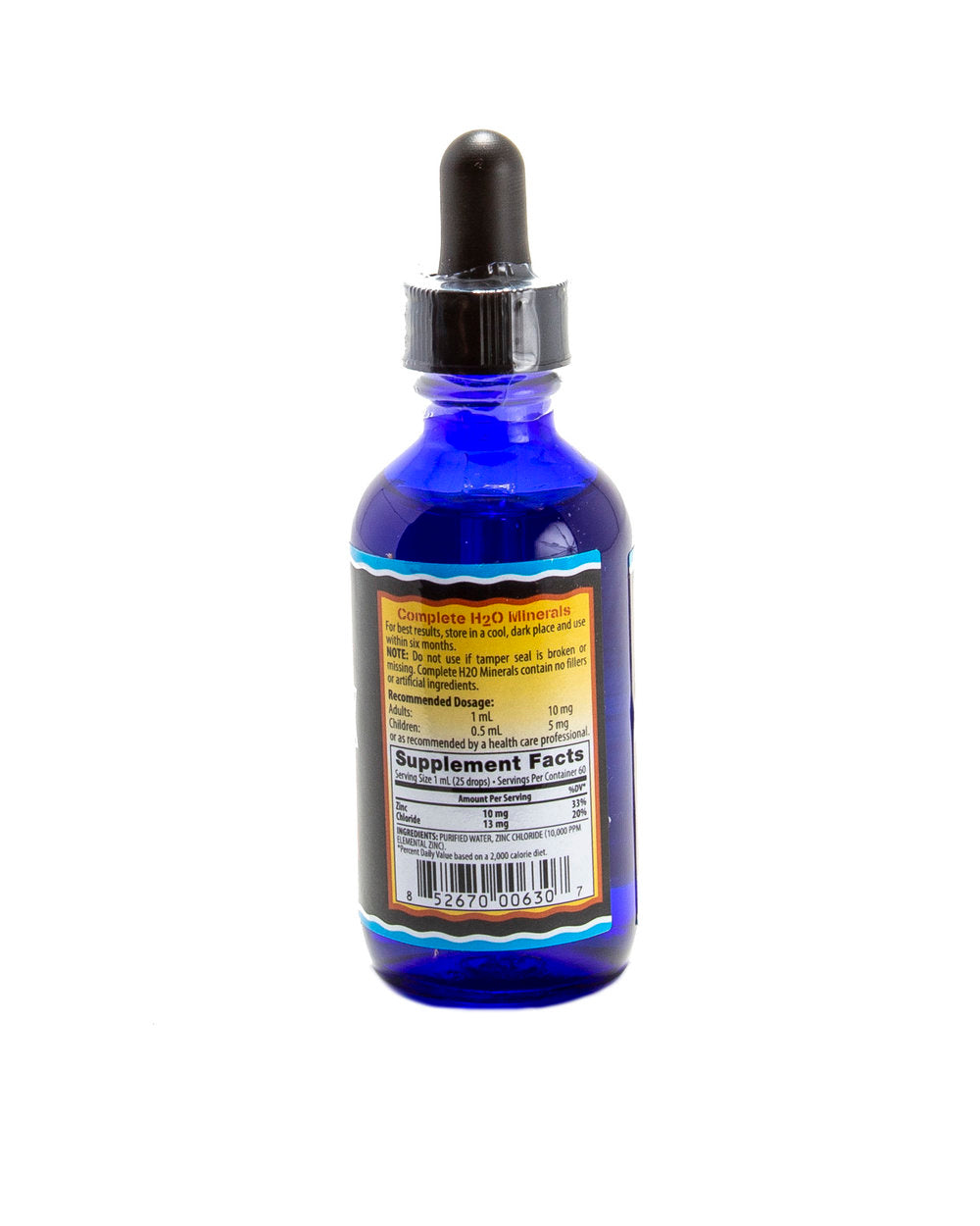 Blue glass dropper bottle with a label on a white background