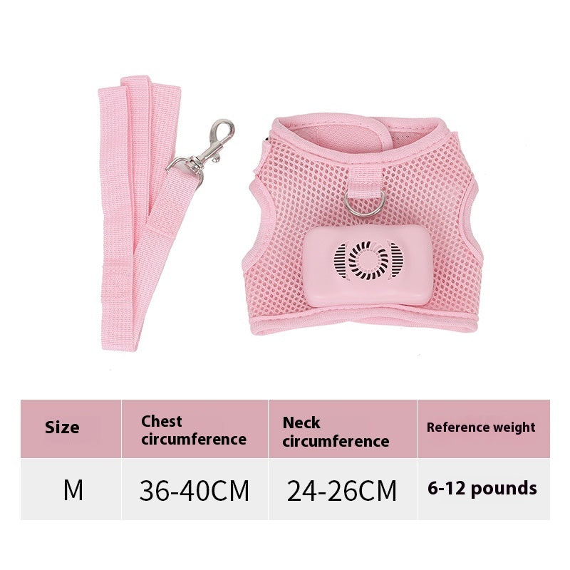 Pink breathable cooling dog harness and leash set with built-in pet air conditioner fan, adjustable mesh chest straps, D-ring and size M chart for small dogs; fits 36–40 cm chest, 24–26 cm neck and 6–12 lb pets. Comfortable pet harness leash.