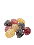 Organic vegan sour gummy candy mix assortment with sugar coating on a transparent background.