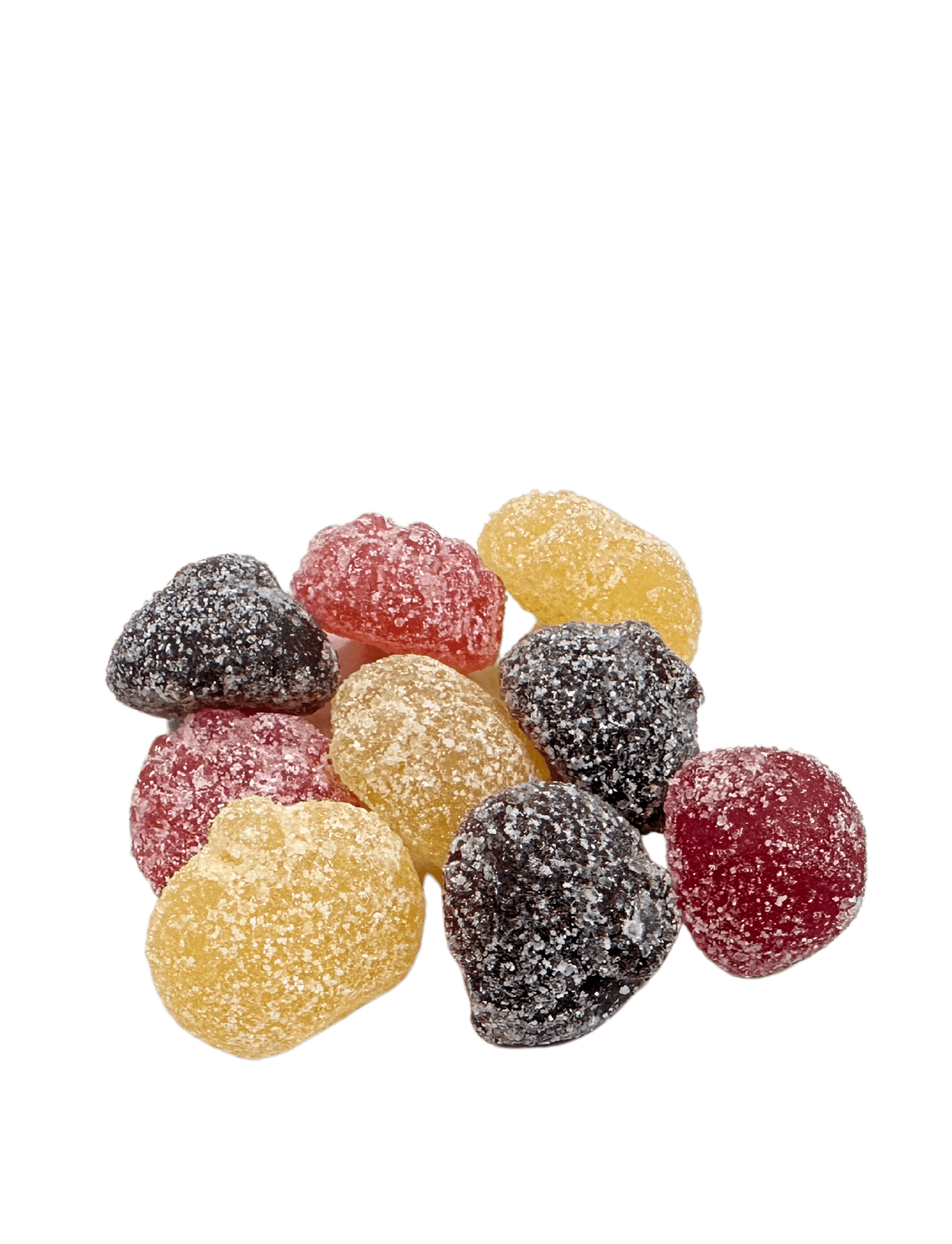 Organic vegan sour gummy candy mix assortment with sugar coating on a transparent background.