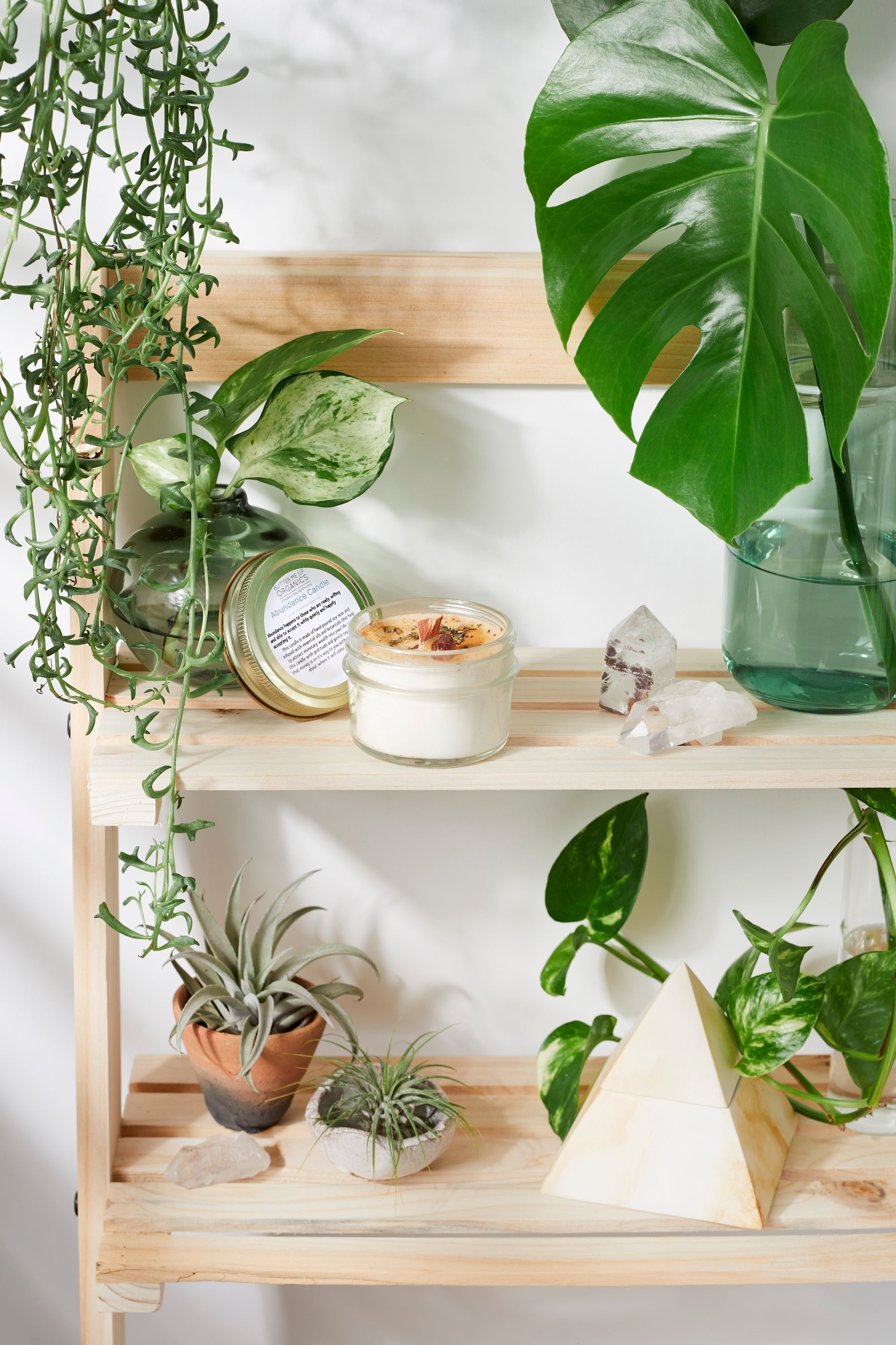 A styled wooden shelf display featuring a lit soy wax candle in a glass jar with dried flower petals on top, surrounded by green houseplants, crystals, and a small potted plant against a white wall.