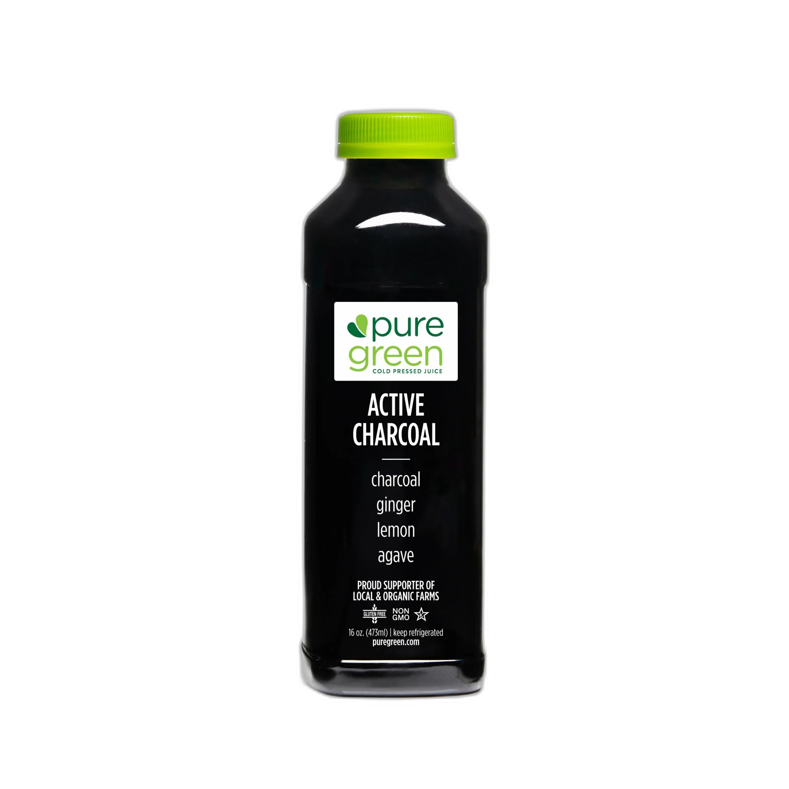 Black bottle of pure green Active Charcoal drink with a green cap on a white background. Pure Green COLD Pressed Juice. Ingredients include: Activated Charcoal, Ginger, Lemon and Agave. Kosher, NON-GMO and Gluten Free Juice Drink.