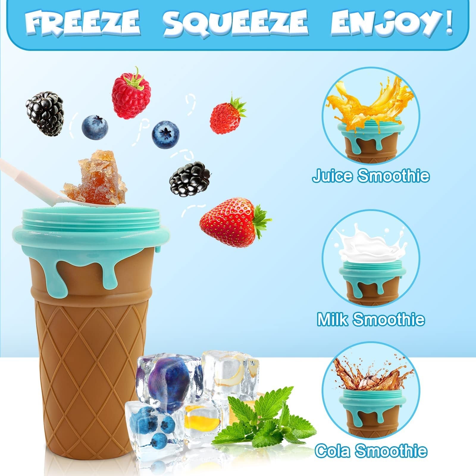 Ice cream cone-shaped reusable 500ml slushy maker cup with fresh berries, frozen fruit, ice cubes, and examples of juice, milk, and cola smoothies showing freeze, squeeze, and enjoy preparation.