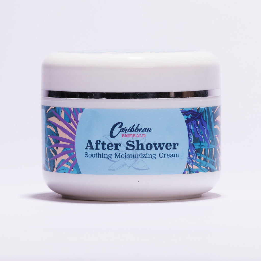 Caribbean Emerald After Shower Soothing Moisturizing Cream from Sint Maarten, hydrating body cream for soft smooth nourished skin, Caribbean skincare moisturizer and after shower self care essential