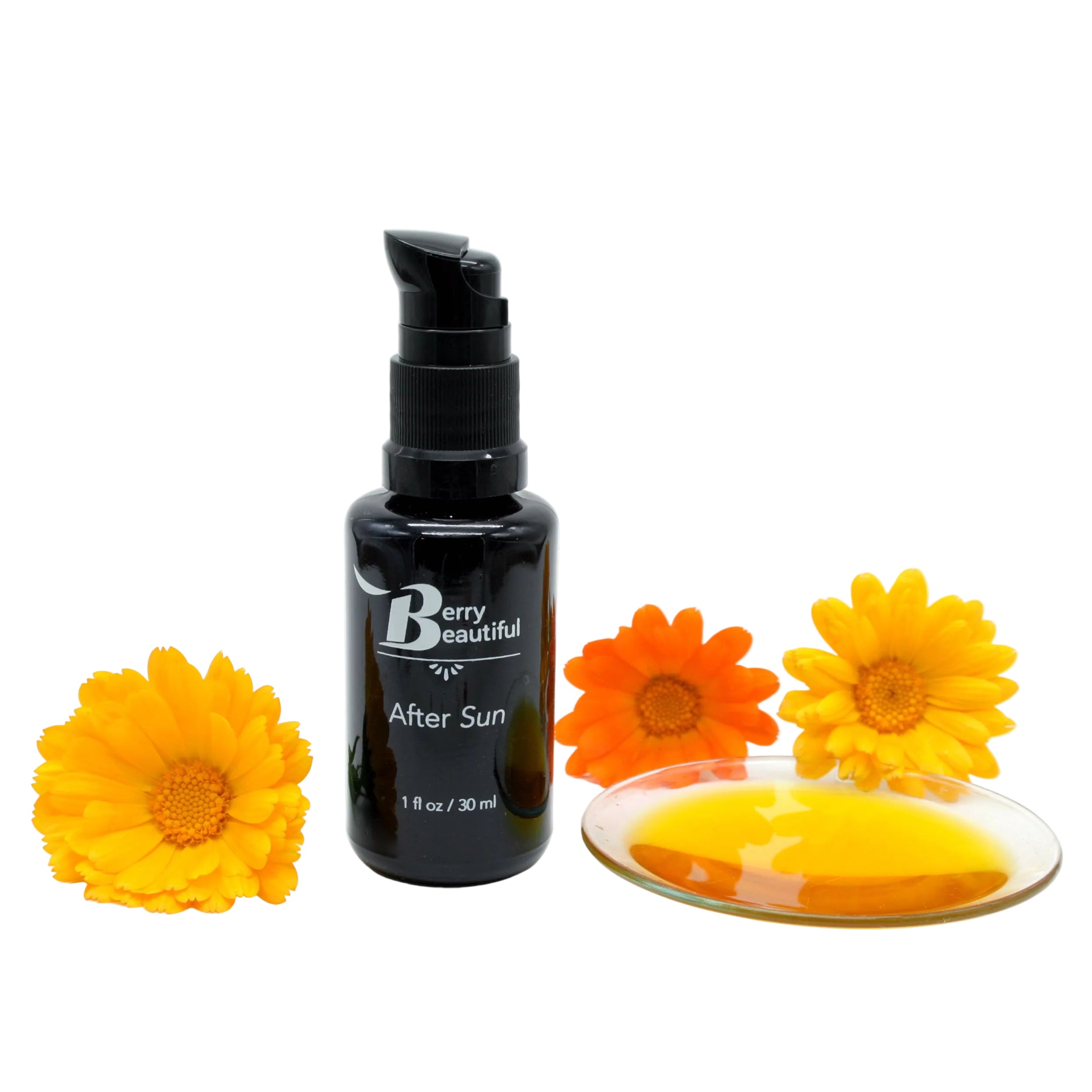 Black bottle labeled 'Berry Beautiful' with a dropper next to yellow flowers on a white background. A luxurious blend of calendula and vanilla-infused raspberry seed oil, crafted to soothe, hydrate, and rejuvenate skin after sun exposure. Unlike typical calendula infusions made with low-cost oils like sunflower, we use our own cold-pressed raspberry seed oil, elevating the infusion’s effectiveness. Packed with vitamins E, A, and B, as well as potent antioxidants, our oil provides skin benefits.
