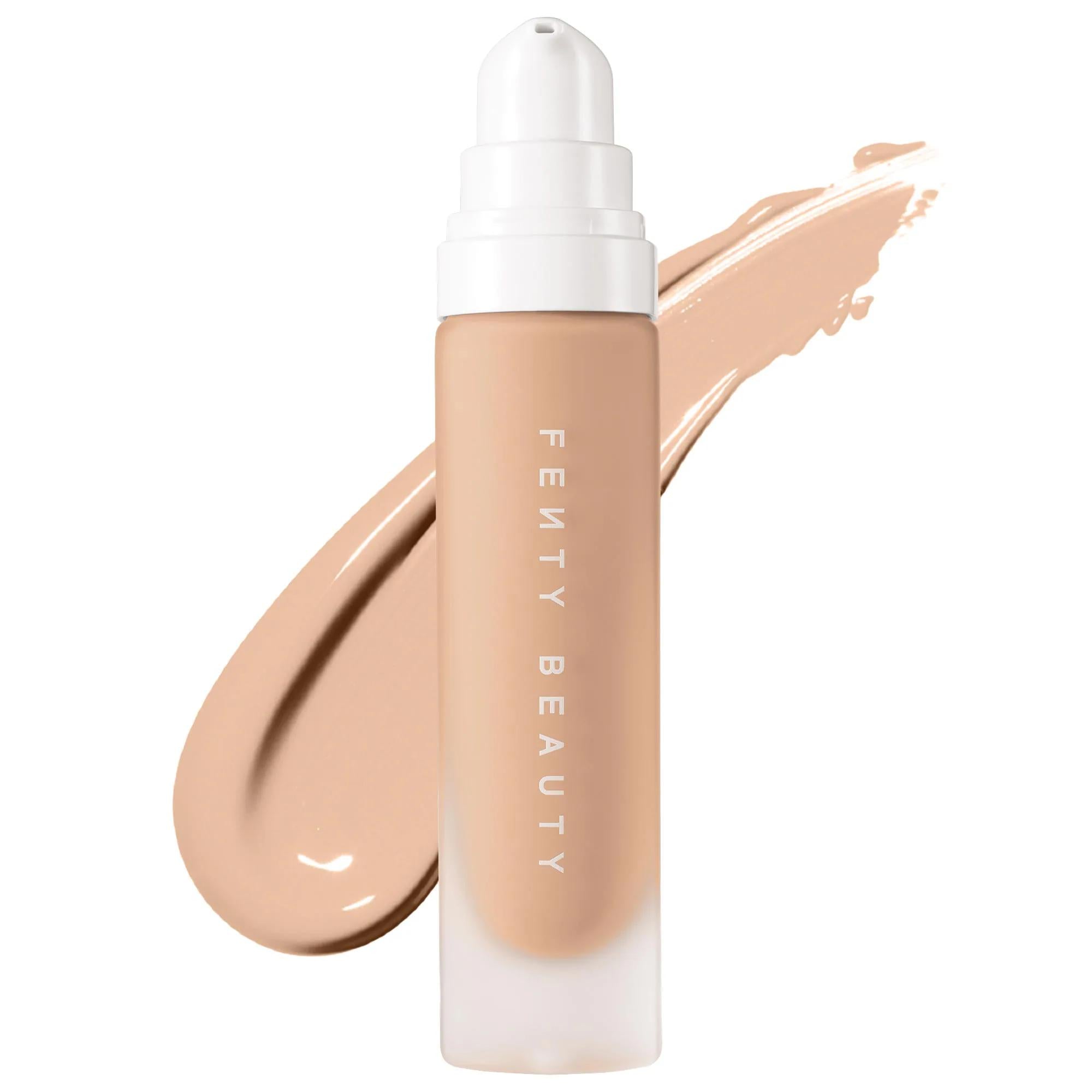 Fenty Beauty Pro Filt'r Soft Matte Longwear Liquid Foundation Shade 170 bottle with a cream foundation swatch on a white background, showcasing the lightweight liquid formula and soft matte finish.