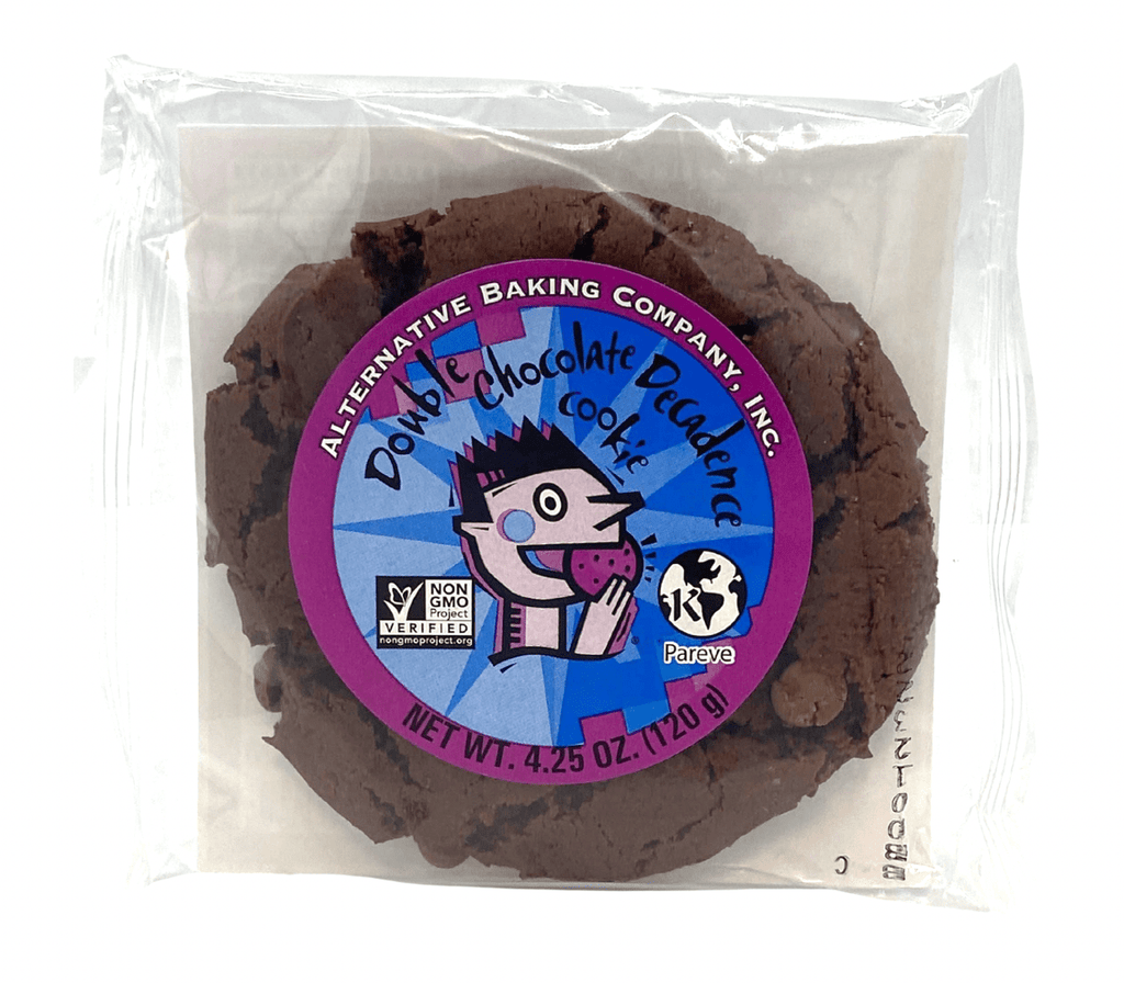 Alternative Baking Company Double Chocolate Decadence vegan cookie in individually wrapped clear packaging with product label, dairy-free, egg-free gourmet soft-baked chocolate cookie, 4.25 oz.