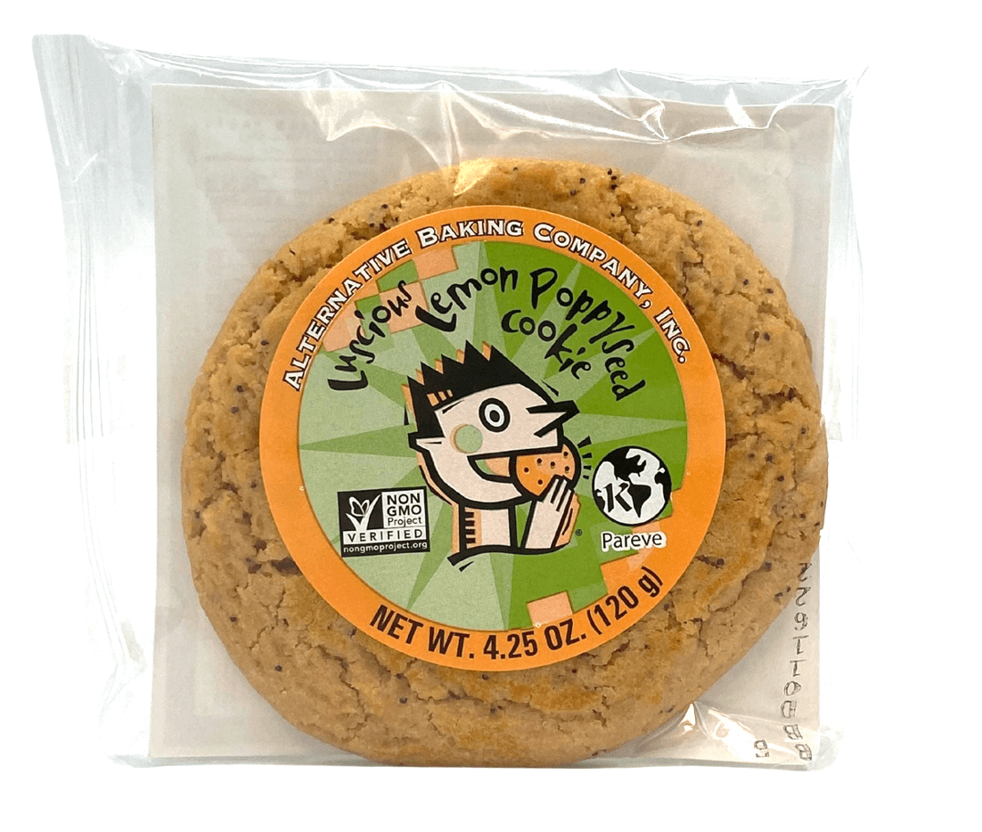 Alternative Baking Company Luscious Lemon Poppy Seed vegan cookie in clear wrapper with branded label on a white background.