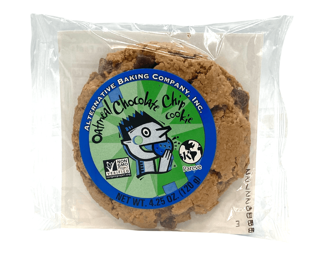 Alternative Baking Company Oatmeal Chocolate Chip vegan cookie in individually wrapped clear packaging, Non-GMO Project Verified, pareve, on a white background.