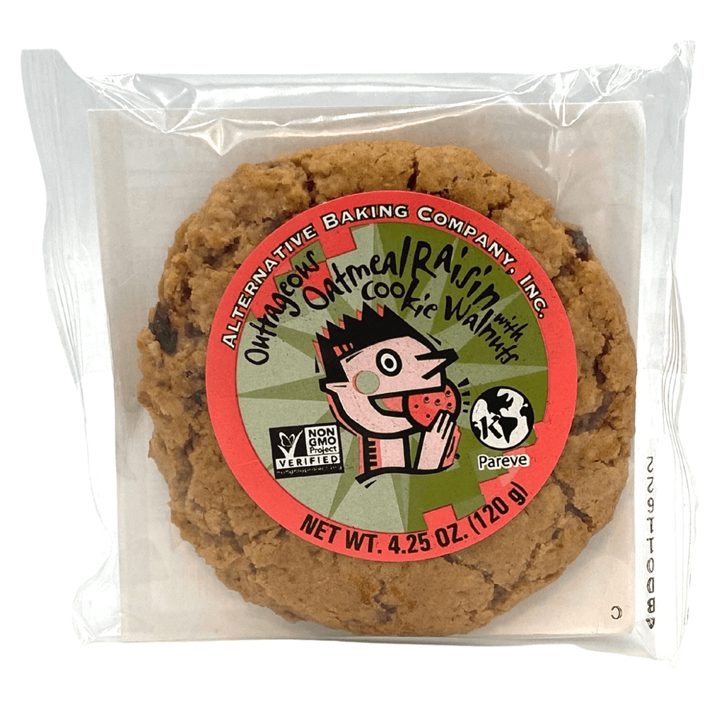 Alternative Baking Company Outrageous Oatmeal Raisin vegan oatmeal raisin cookie in clear wrapper with branded label on a white background.