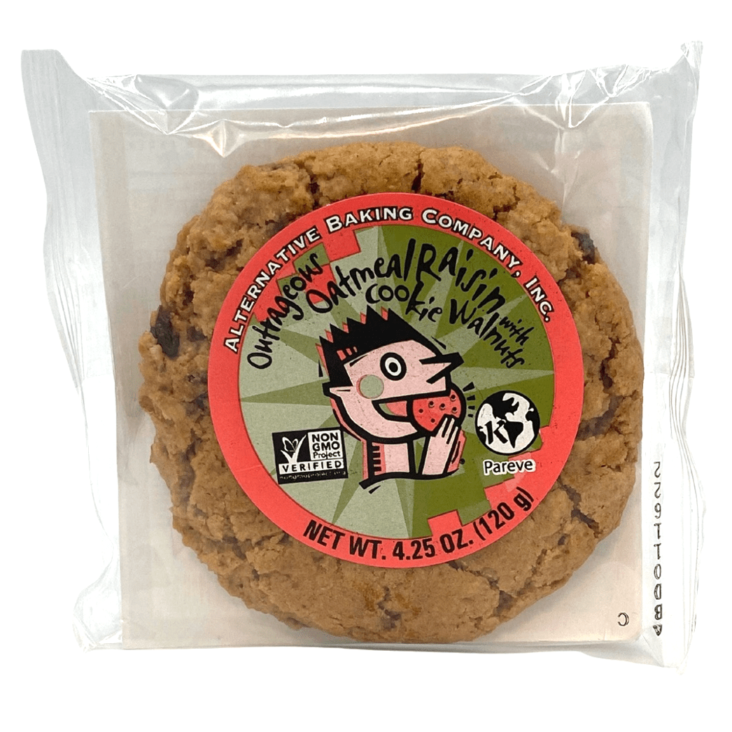 Alternative Baking Company Outrageous Oatmeal Raisin vegan oatmeal raisin cookie in clear wrapper with branded label on a white background.
