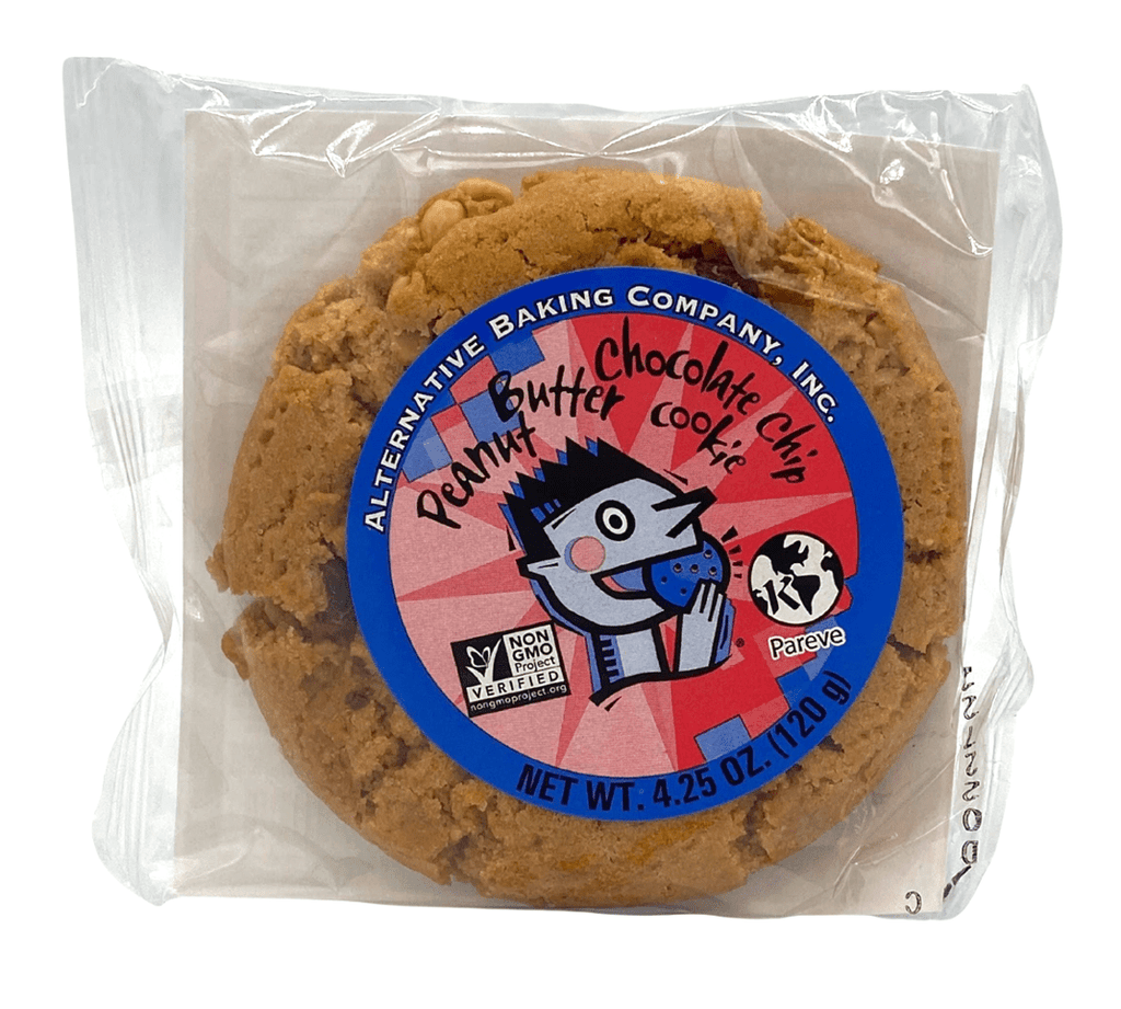Alternative Baking Company Peanut Butter Chocolate Chip vegan cookie, individually wrapped, 4.25 oz, non-GMO, pareve.
