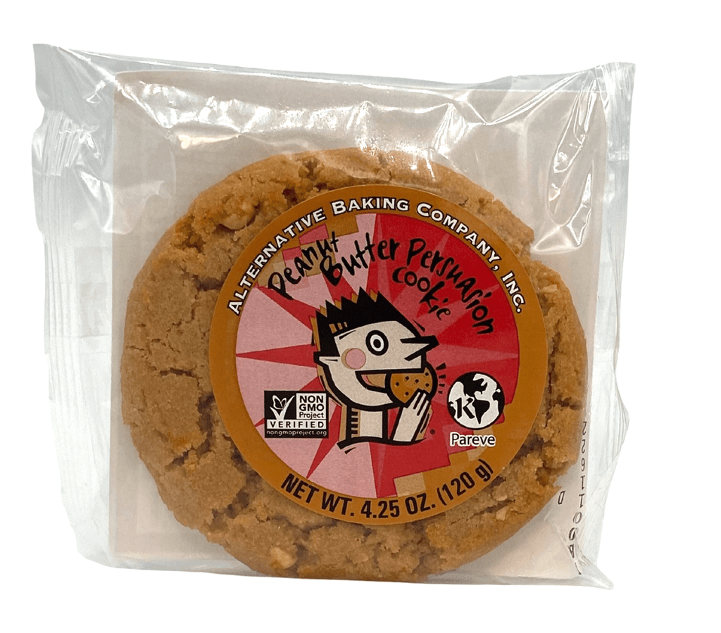Alternative Baking Company Peanut Butter Persuasion vegan peanut butter cookie in clear wrapper with branded label on a white background.