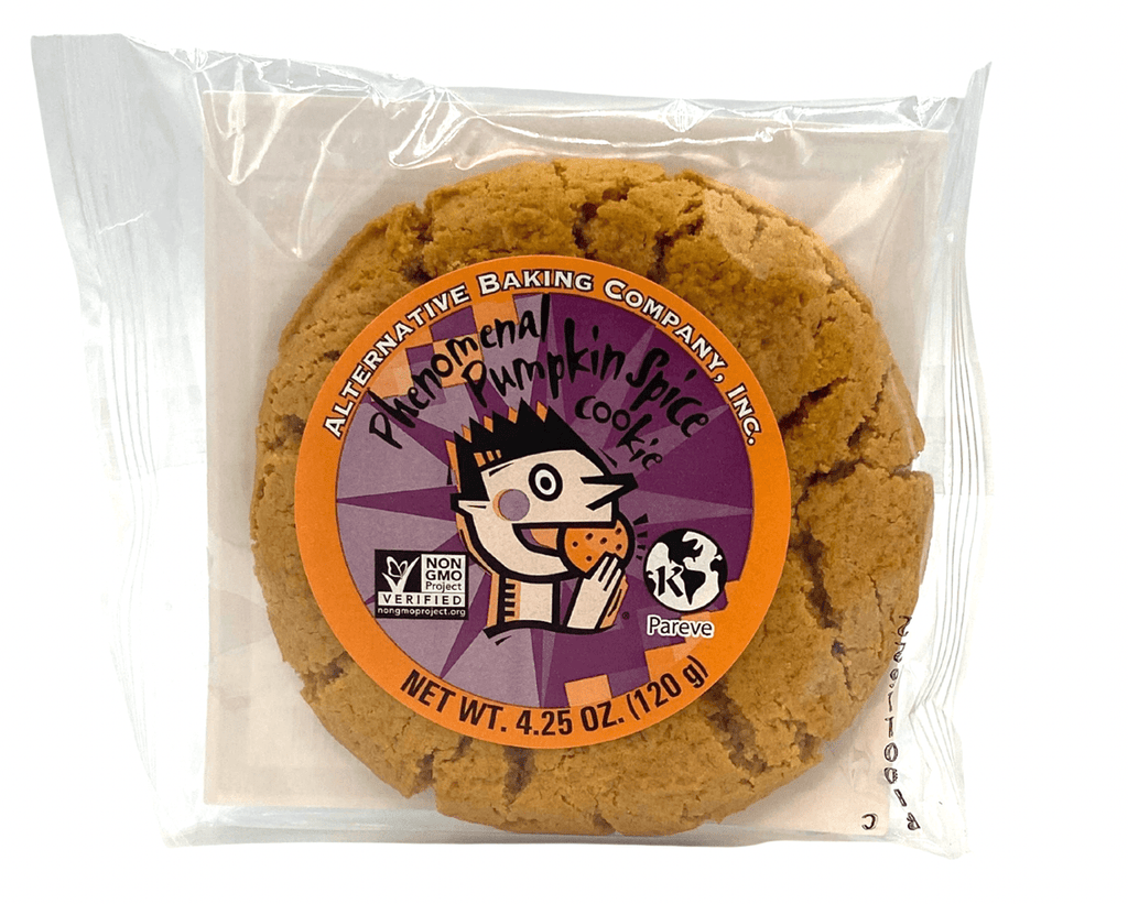 Alternative Baking Company Phenomenal Pumpkin Spice vegan cookie in individually wrapped clear packaging with product label on a white background.