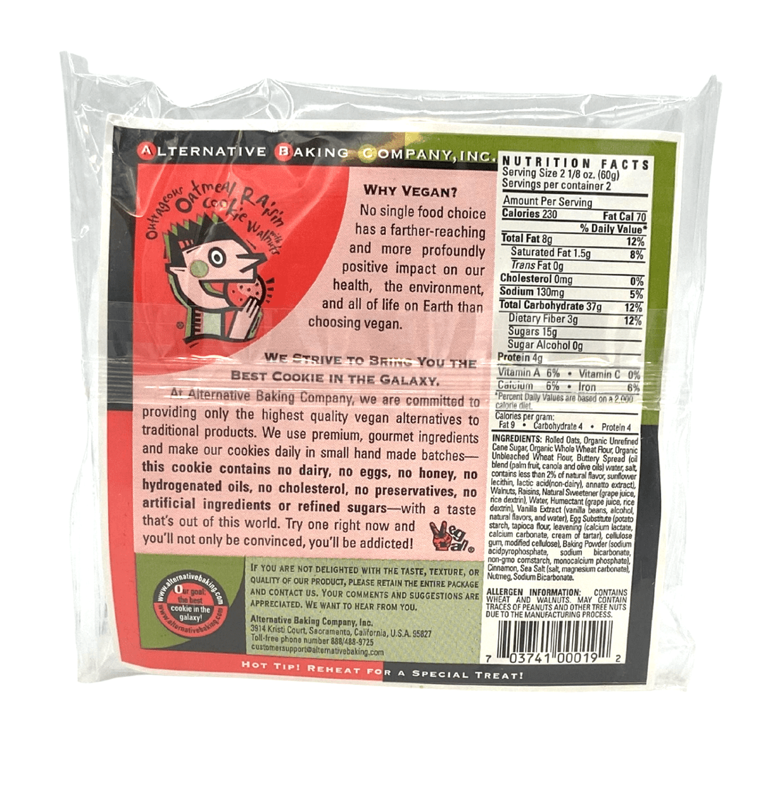 Back of Alternative Baking Company Outrageous Oatmeal Raisin vegan cookie package showing nutrition facts, ingredients, allergen information, barcode, and brand information.