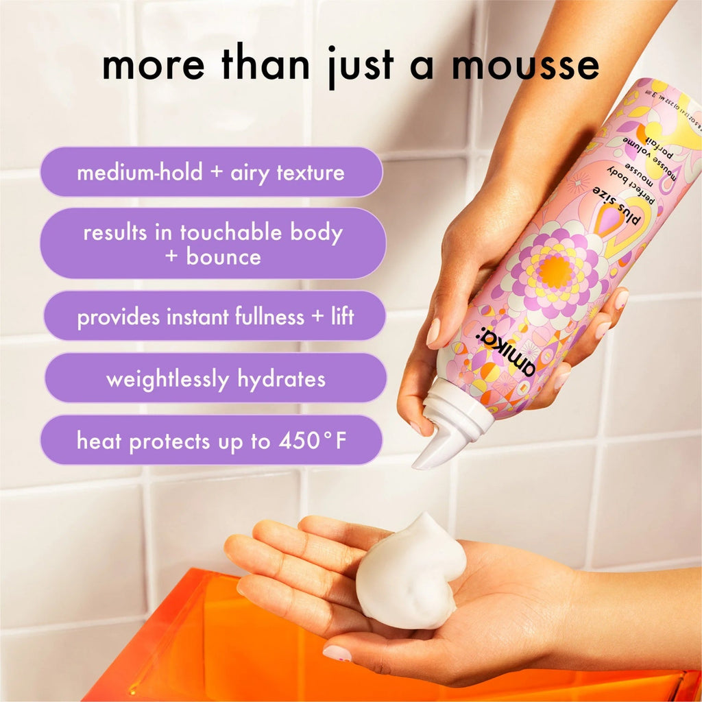 Amika Plus Size Perfect Body Mousse 8.5 oz volumizing hair foam with medium hold, airy texture, weightless hydration, fullness, lift and heat protection up to 450°F.
