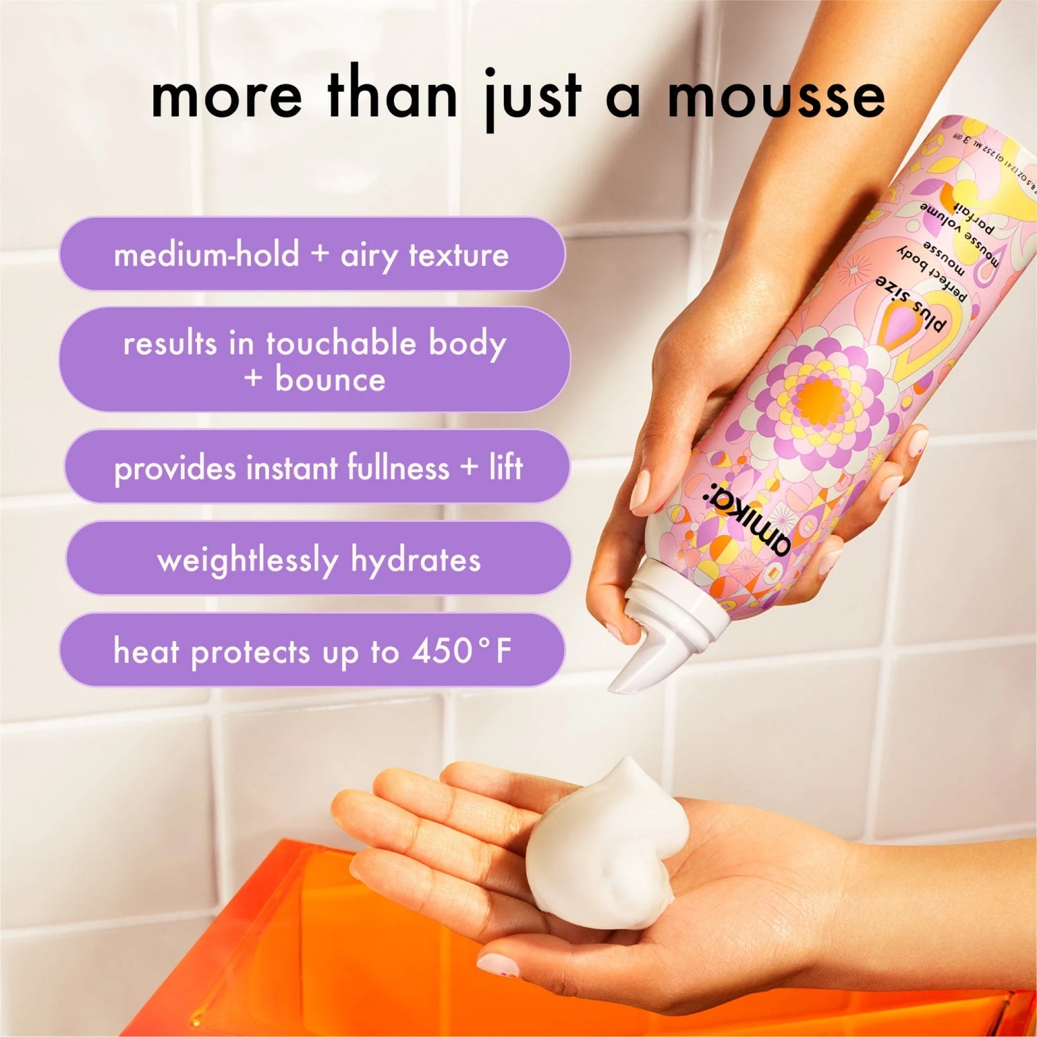Amika Plus Size Perfect Body Mousse 8.5 oz volumizing hair foam with medium hold, airy texture, weightless hydration, fullness, lift and heat protection up to 450°F.