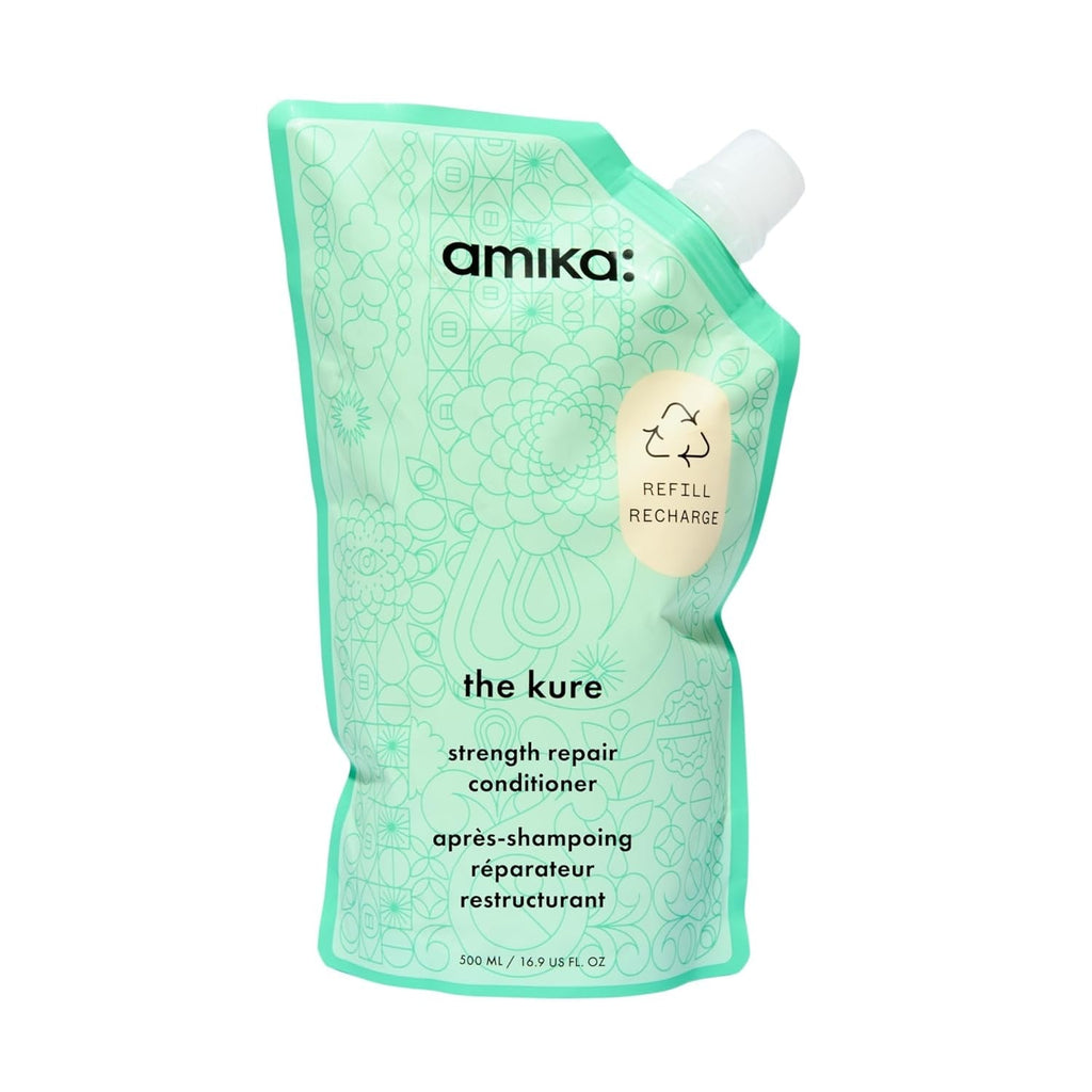 Amika The Kure Strength Repair Conditioner refill pouch for damaged, dry and breakage-prone hair, strengthening and moisturizing hair care treatment on white background