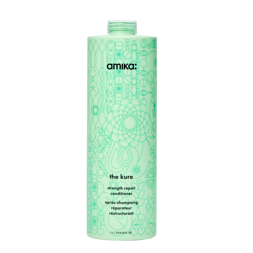 Amika The Kure Strength Repair Conditioner 33.8 oz 1000 mL strengthening moisturizing conditioner for dry damaged breakage-prone hair in mint green bottle