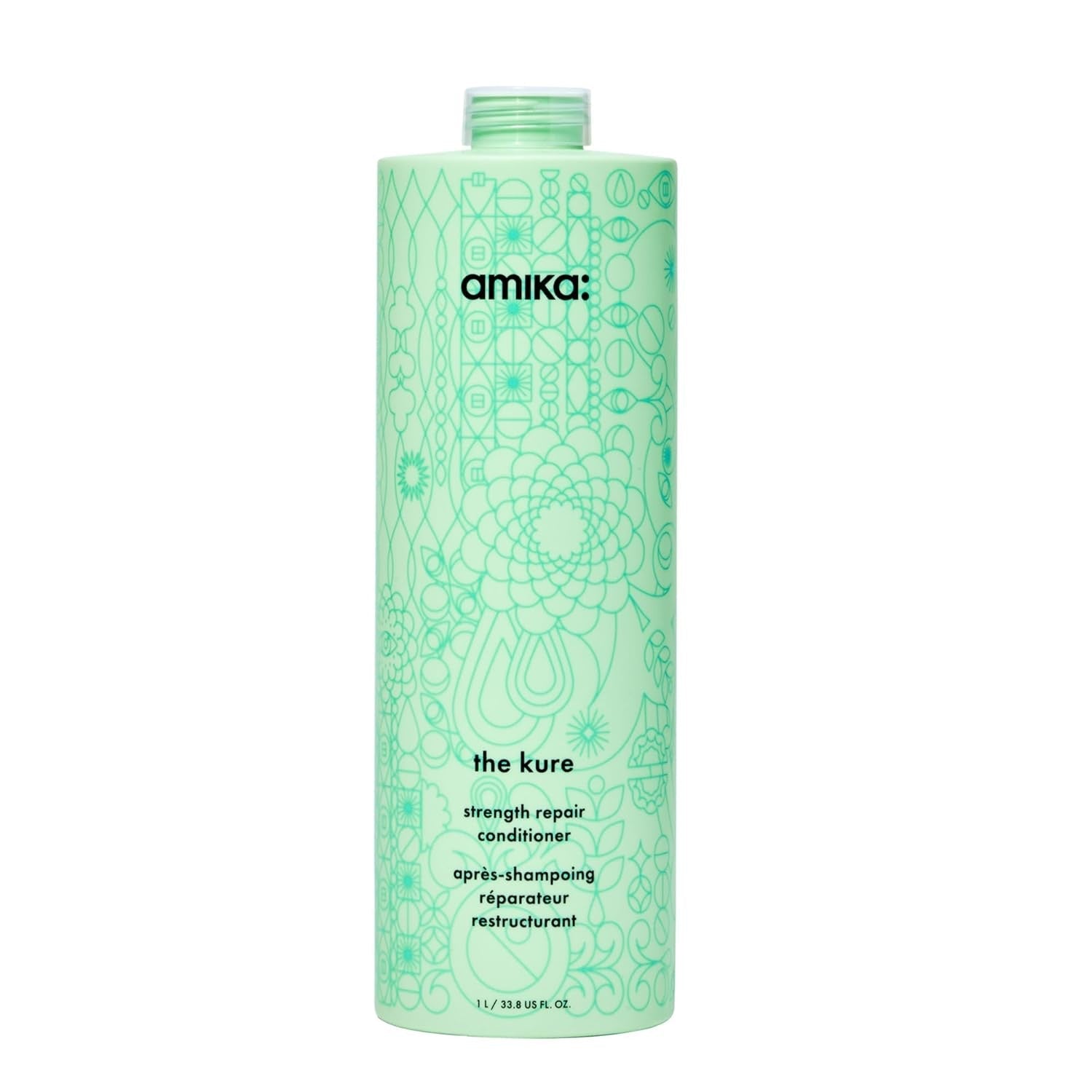 Amika The Kure Strength Repair Conditioner 33.8 oz 1000 mL strengthening moisturizing conditioner for dry damaged breakage-prone hair in mint green bottle