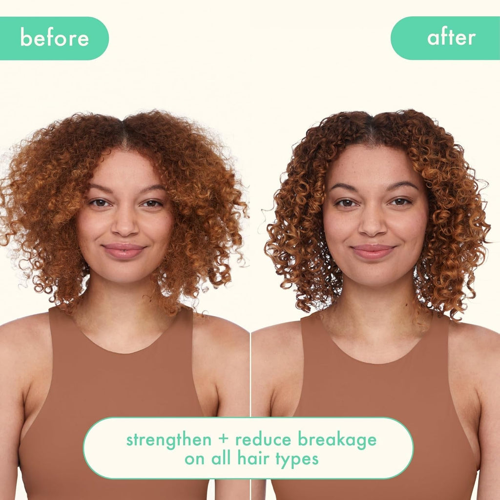 Amika The Kure Strength Repair Conditioner before and after results on curly hair, showing stronger, smoother, more defined curls with reduced breakage for damaged hair.