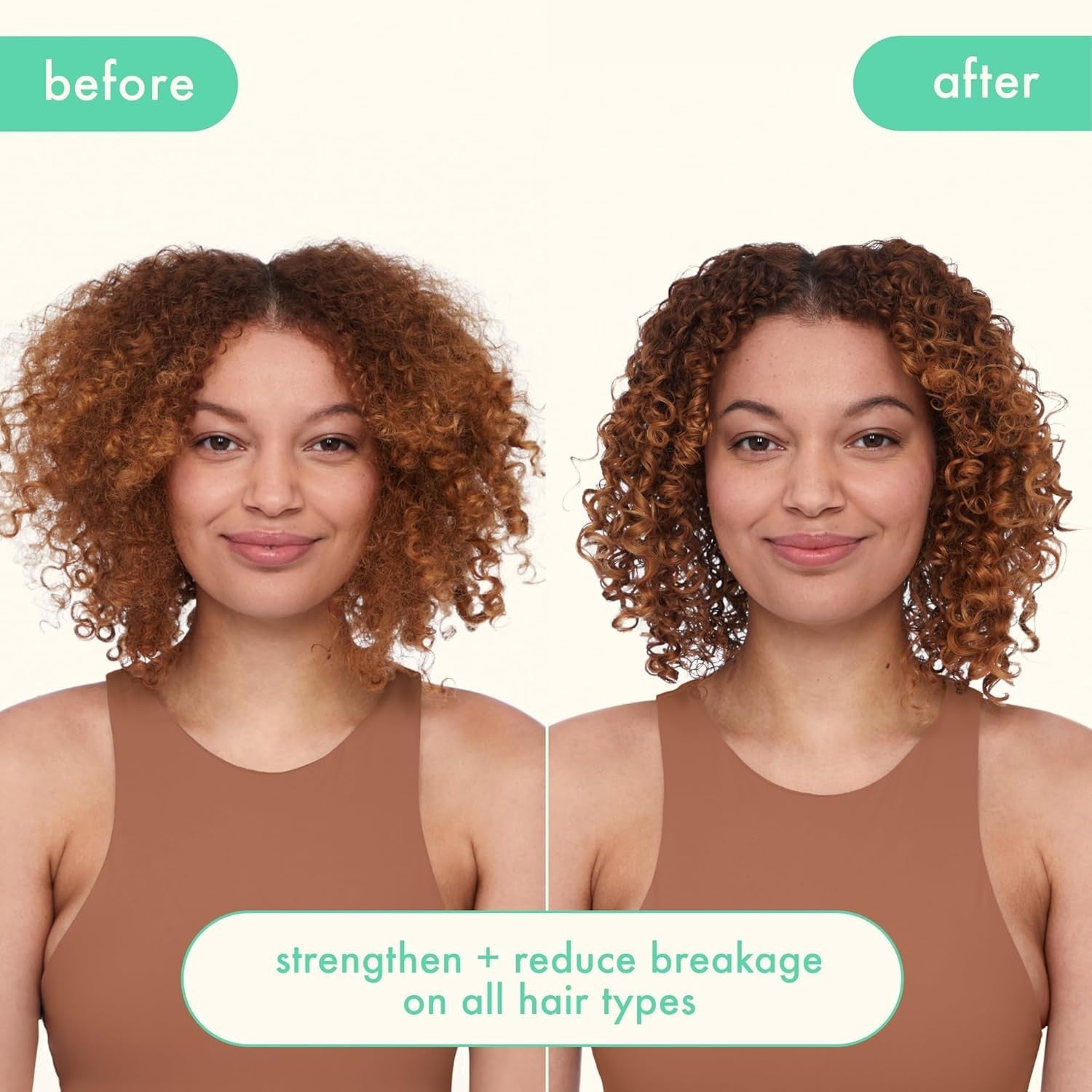 Amika The Kure Strength Repair Conditioner before and after results on curly hair, showing stronger, smoother, more defined curls with reduced breakage for damaged hair.