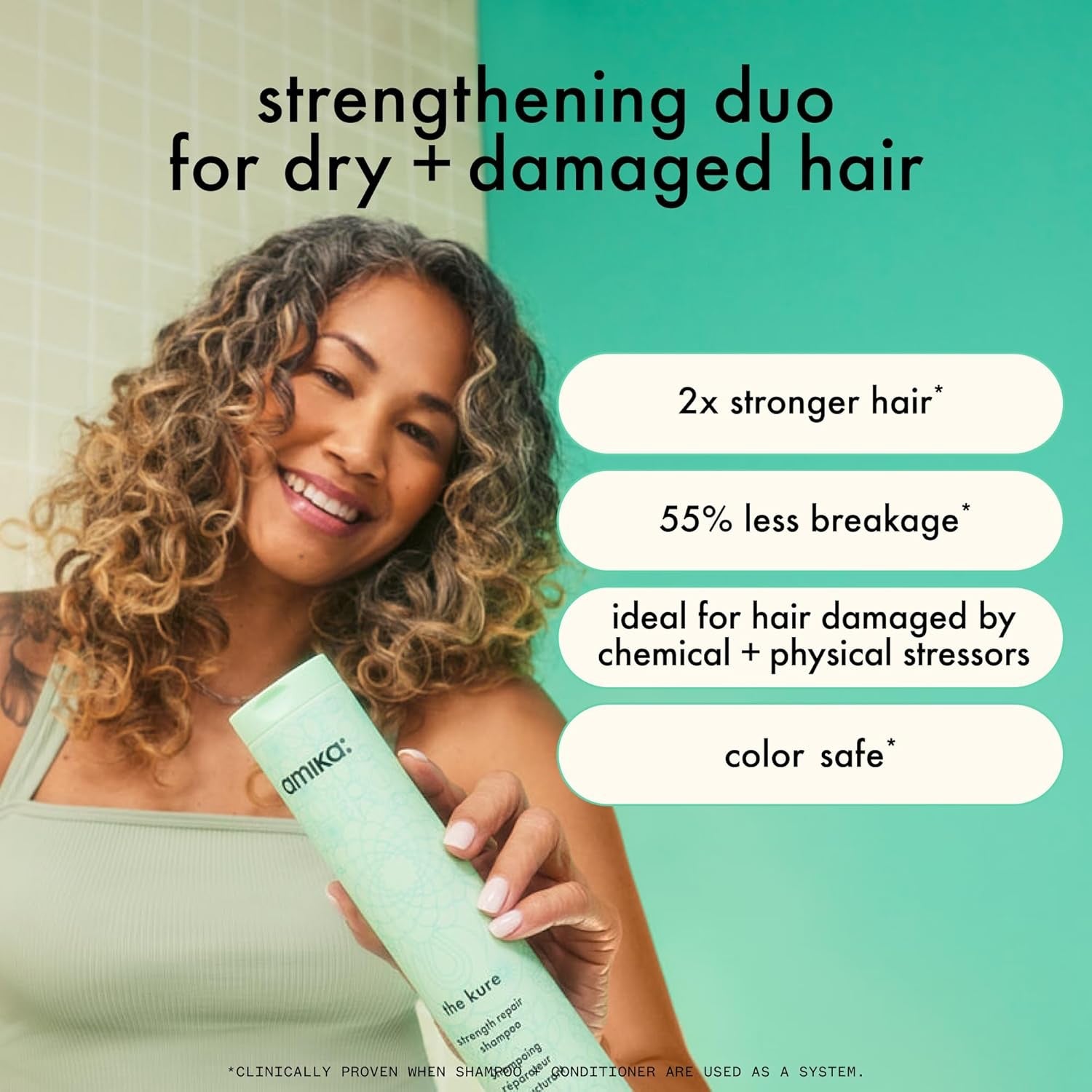 Amika The Kure Strength Repair Conditioner strengthening duo for dry, damaged and breakage-prone hair, clinically proven for 2x stronger hair and 55% less breakage, color-safe repair care.