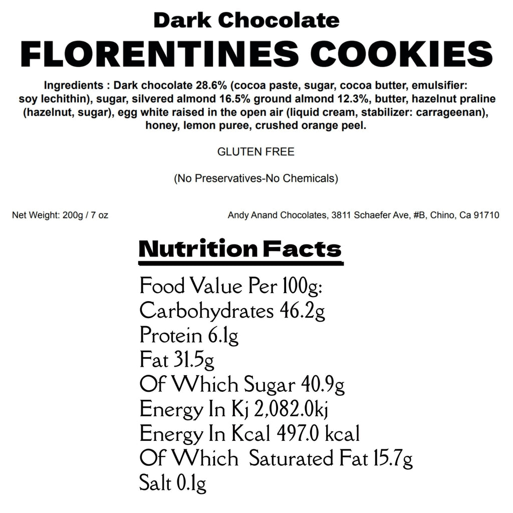 Andy Anand Dark Chocolate Florentine Biscuit Cookies Orange Almond 24 Pcs Imported from France, Candy