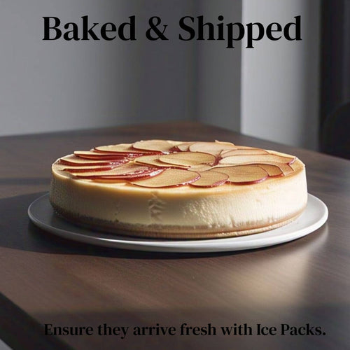 Cheesecake with apple slices on a plate, text 'Baked & Shipped' and 'Ensure they arrive fresh with Ice Packs.'