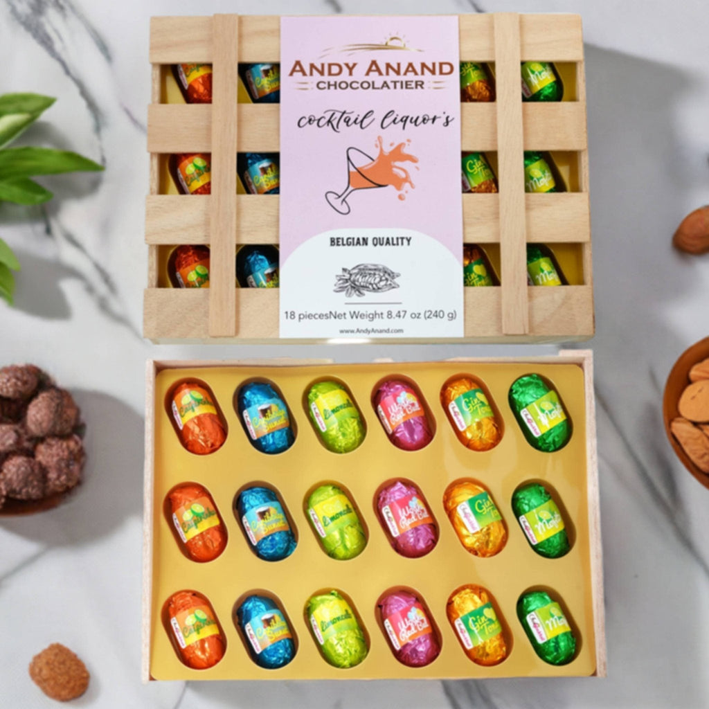 Andy Anand European Cocktail Flavored Dark Chocolate Bottles – 18 Pc Vegan 60% Cocoa (Mojito, Limoncello, Gin Tonic), 11.5 Oz Gift Box