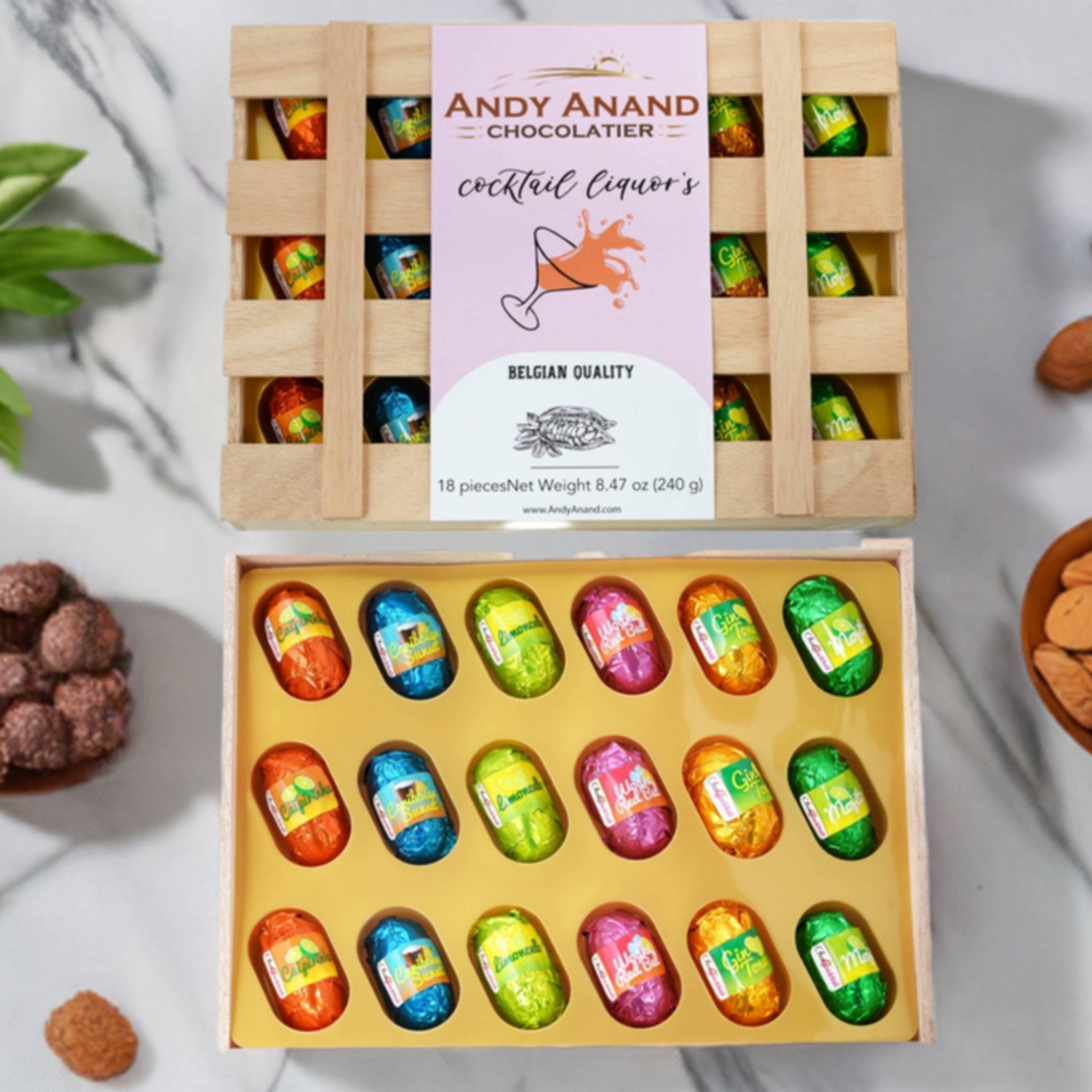 Andy Anand European Cocktail Flavored Dark Chocolate Bottles – 18 Pc Vegan 60% Cocoa (Mojito, Limoncello, Gin Tonic), 11.5 Oz Gift Box