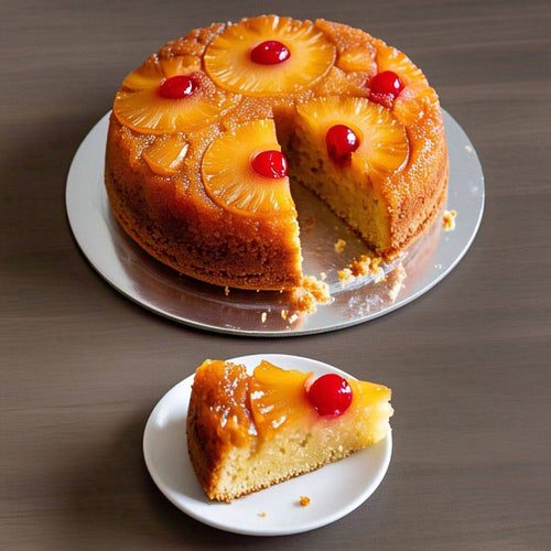 Pineapple upside-down cake with a slice on a separate plate on a wooden surface