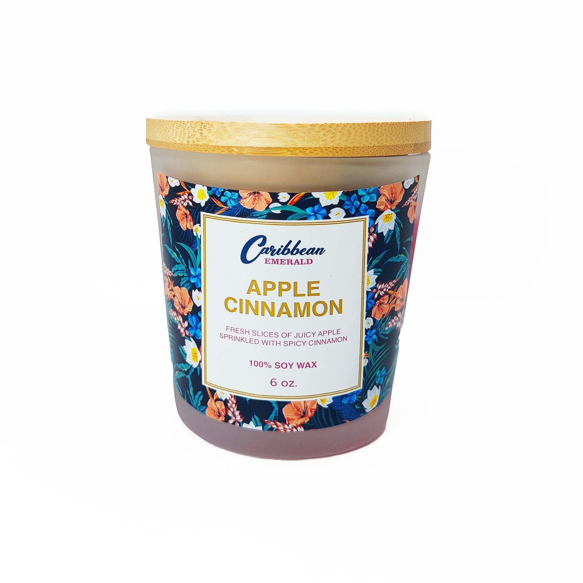 Caribbean Emerald Apple Cinnamon 100% soy wax scented candle with fresh juicy apple and spicy cinnamon fragrance, 6 oz aromatherapy home fragrance candle with floral label and gold lid for cozy fall, autumn and holiday home decor