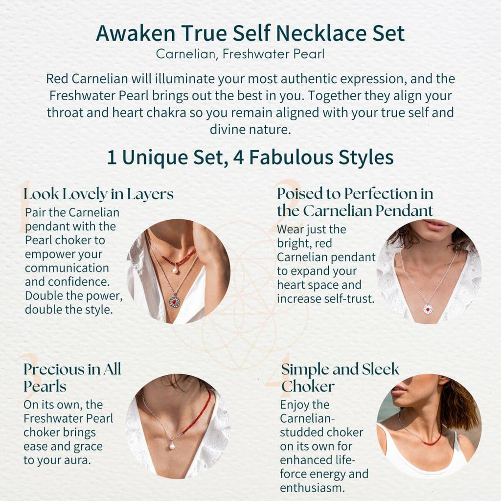 Advertisement for 'Awaken True Self' necklace set with product features and usage examples.